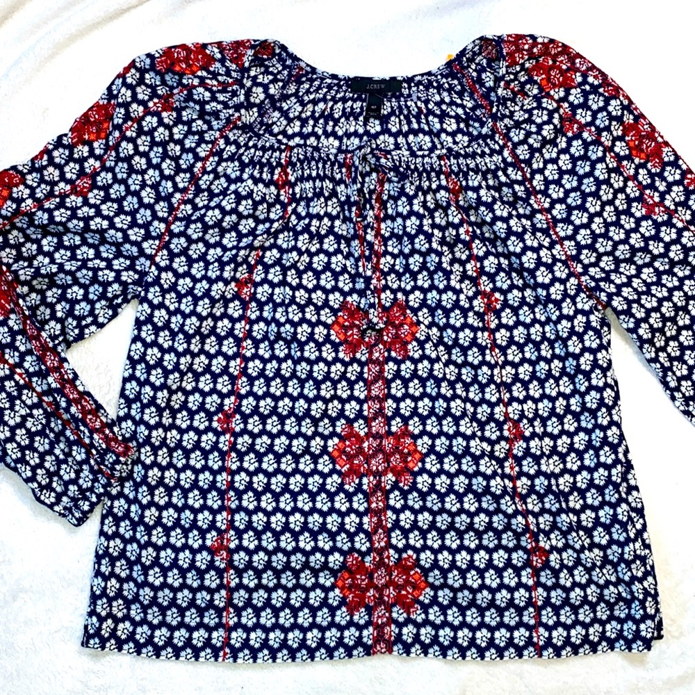 J Crew navy white floral smocked red embroidered peasant top NWOT Sz 4P